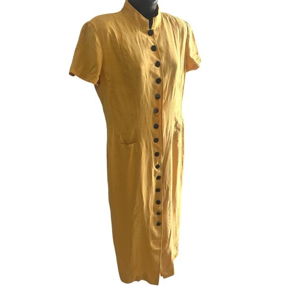 Vintage 90s Minimalist Silk Midi Dress Mustard Yellow Mandarin Collar Button 10 - Picture 3 of 7